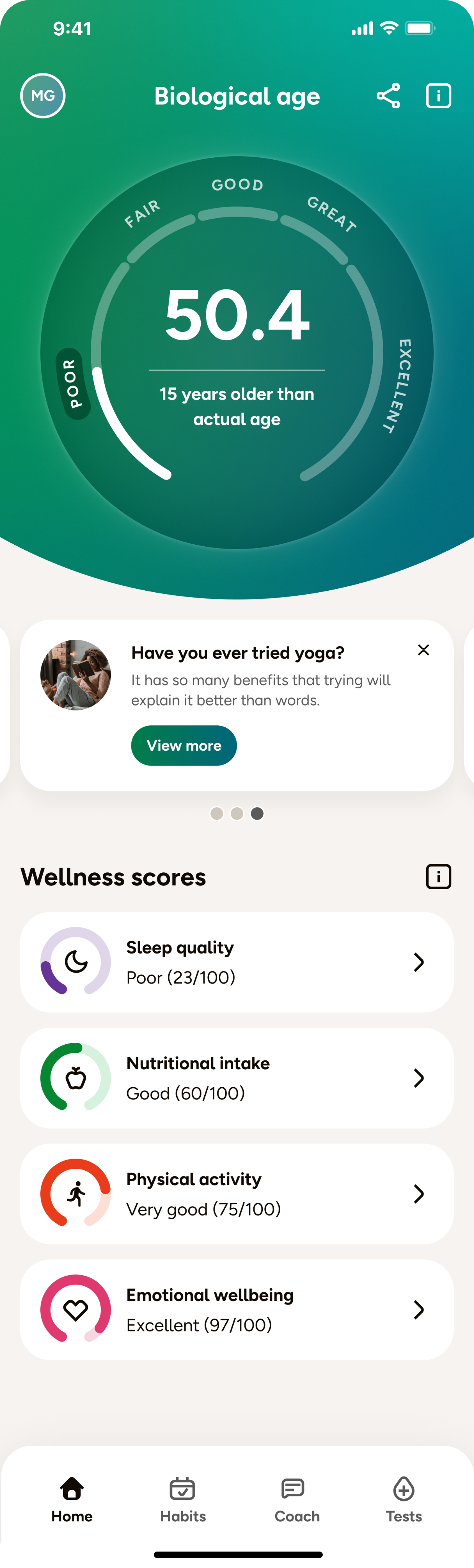 Biological age home screen