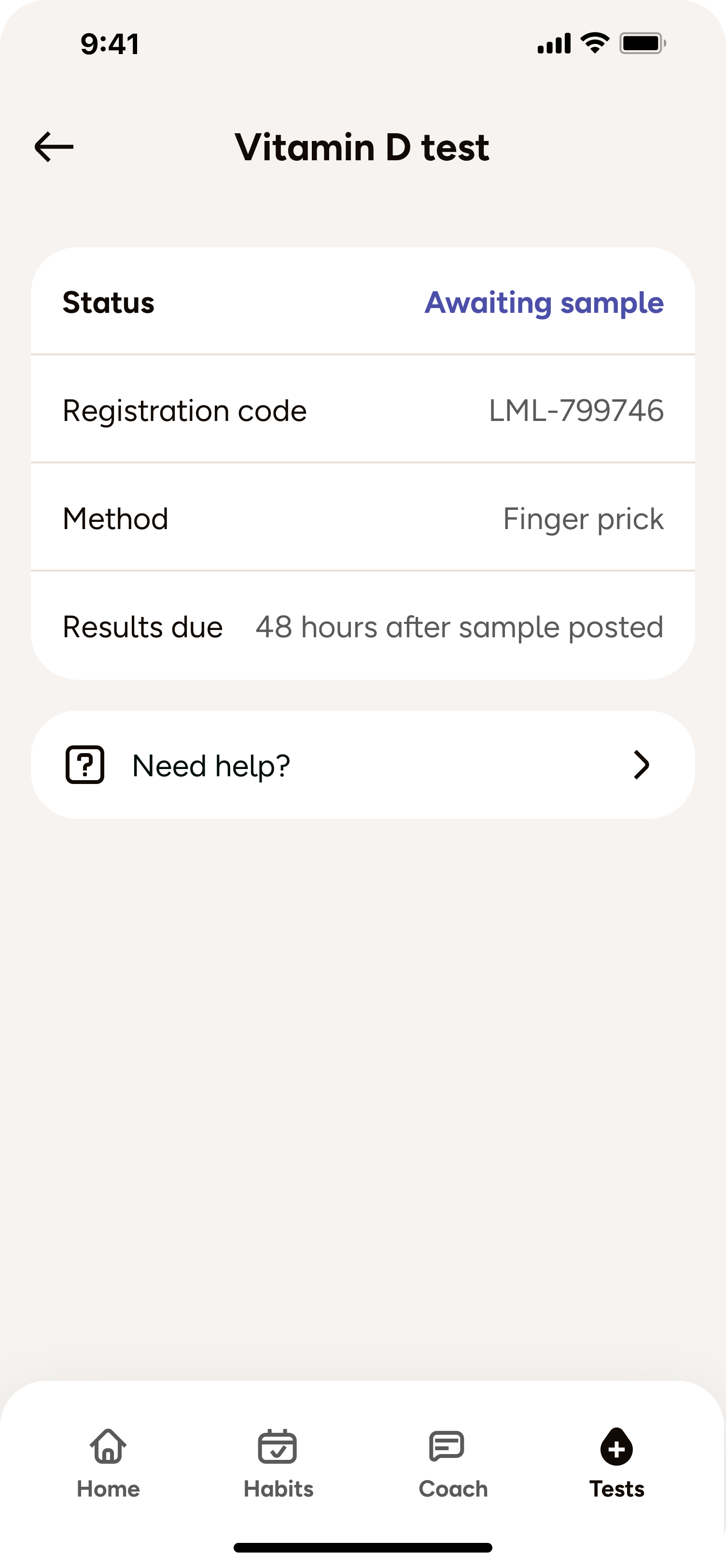 Vitamin D test status screen
