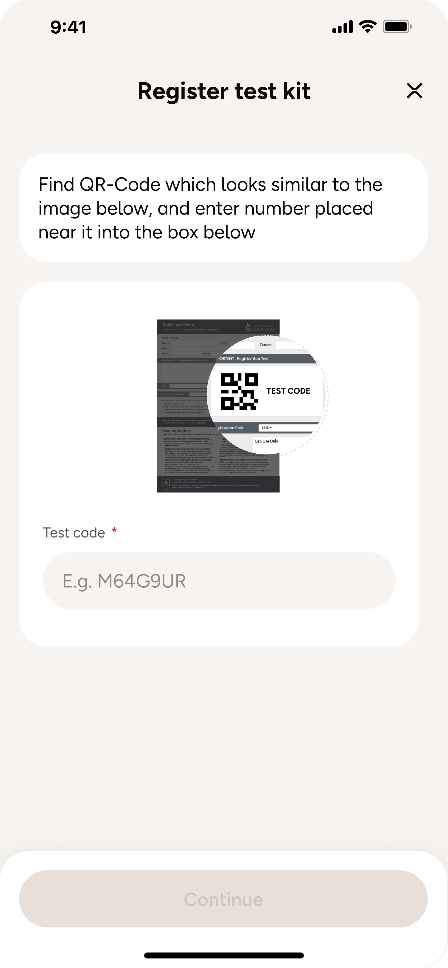 Register test kit screen